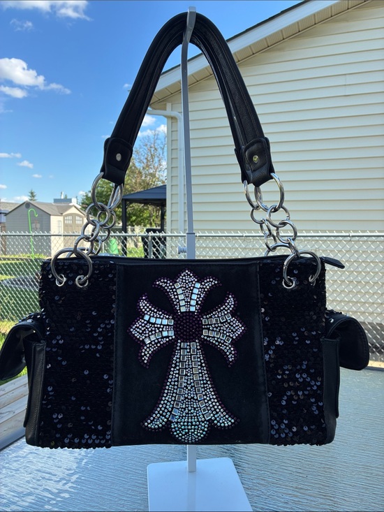 Unbranded Handbags - Black Faux Leather Studded Shoulder Bag Jeweled Cross & Black Sequin Accents